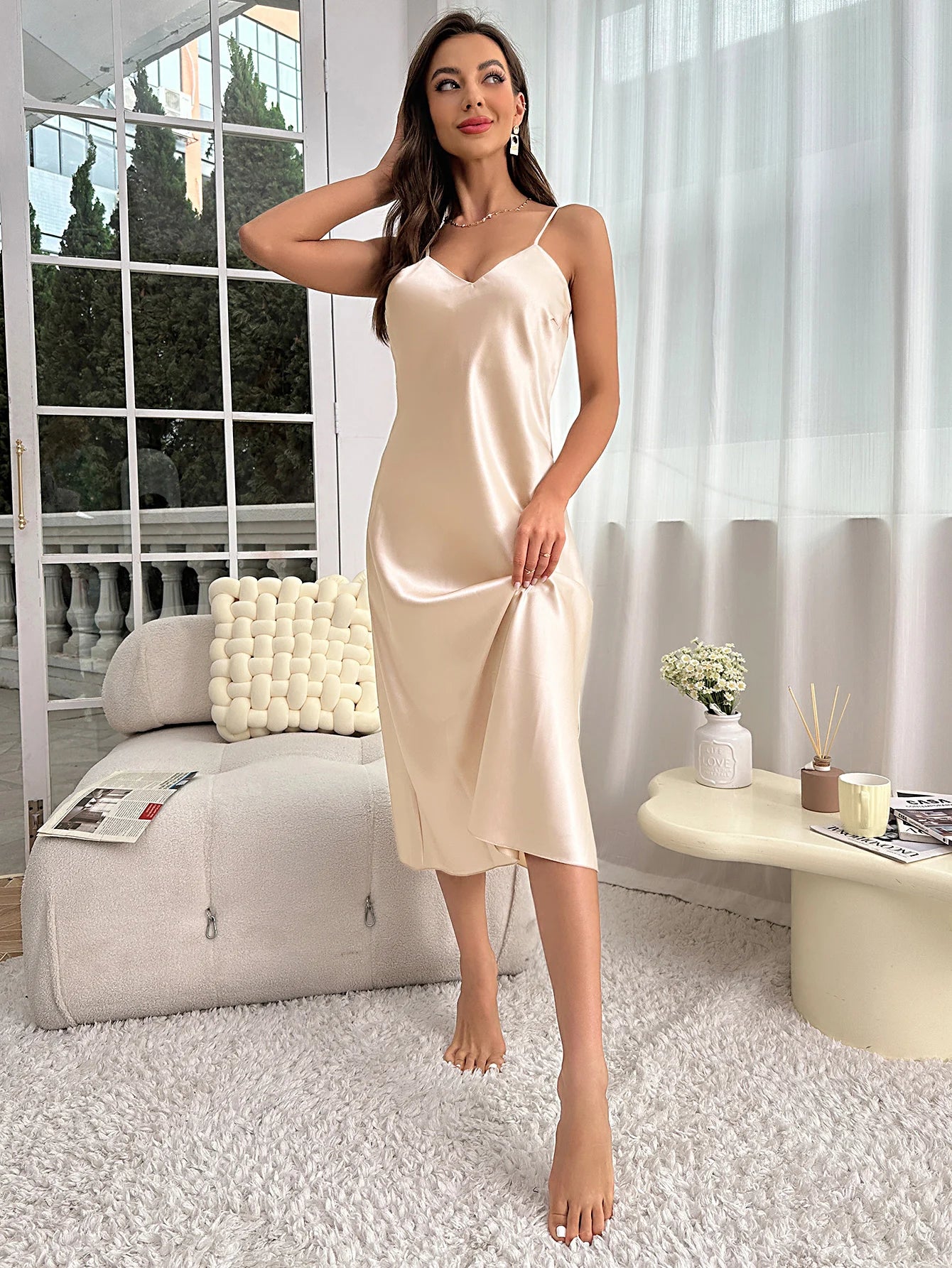 Spaghetti Strap V-Neck Nightdress — Mid-Calf Slip Nightgown | Women's Sleepwear