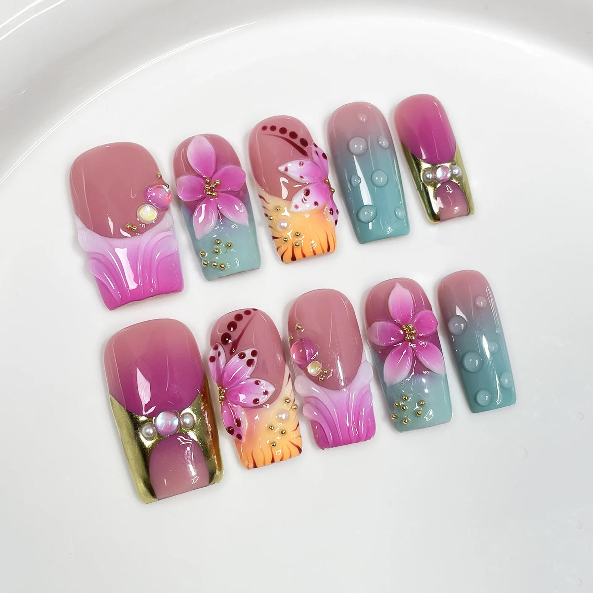 10Pcs 3D Green Flower Handmade Press on Nails French Fake Nails Wearable Stick-on Nails False Nail Uñas Накладные Ногти 네일팁