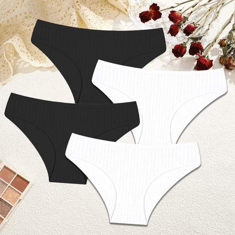 FINETOO 4Pcs Sexy Cotton Panties for Women Underwear Striped Panty Female Soft Lingeries Briefs Pantys Girl Underpant Intimates
