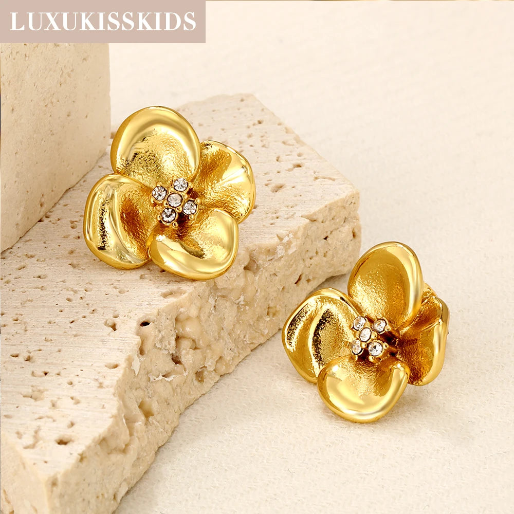 Fairy Flower Stud Earrings – 18K Gold-Plated Stainless Steel for Women