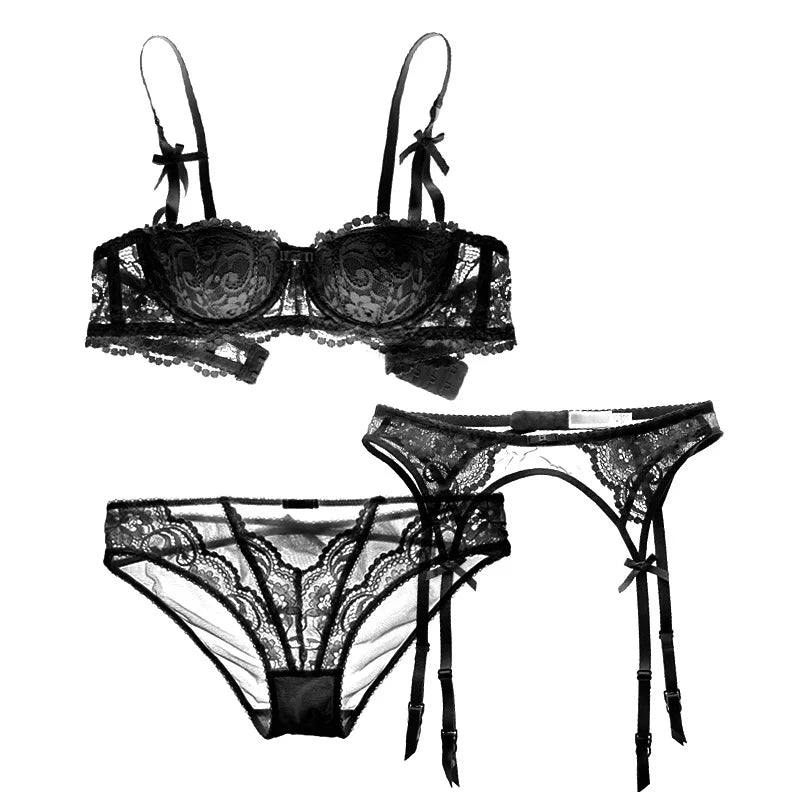 Floral Lace Bra, Panty & Garter 3-Piece Set – Push-Up, Underwire, Plus Size | Women's Lingerie