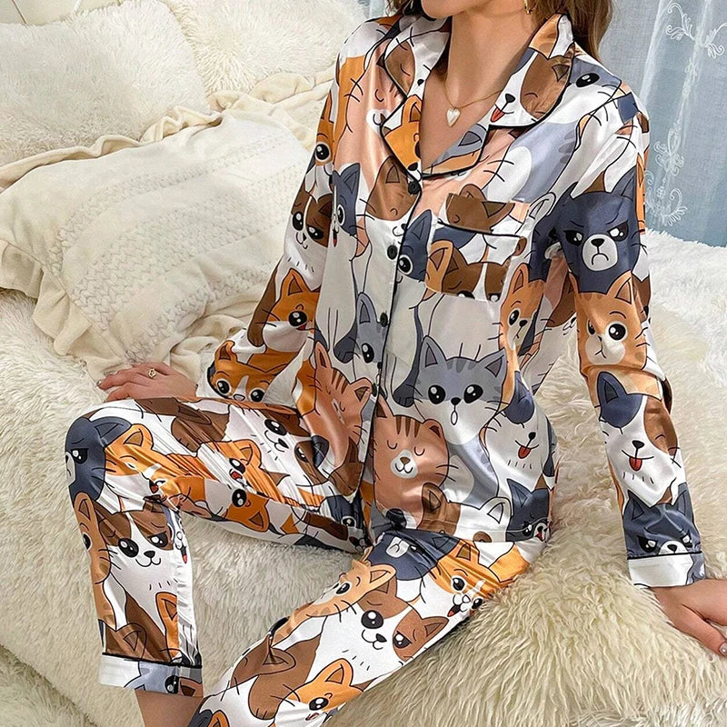 Satin Floral Pajama Set — Long Sleeve Button-Up Top & Pants