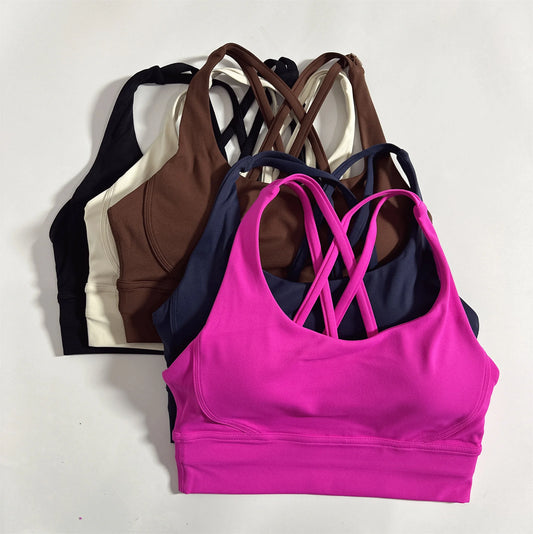 Cross Back Sports Bra – High Support, Push-Up & Shockproof Gym Top with Chest Pad