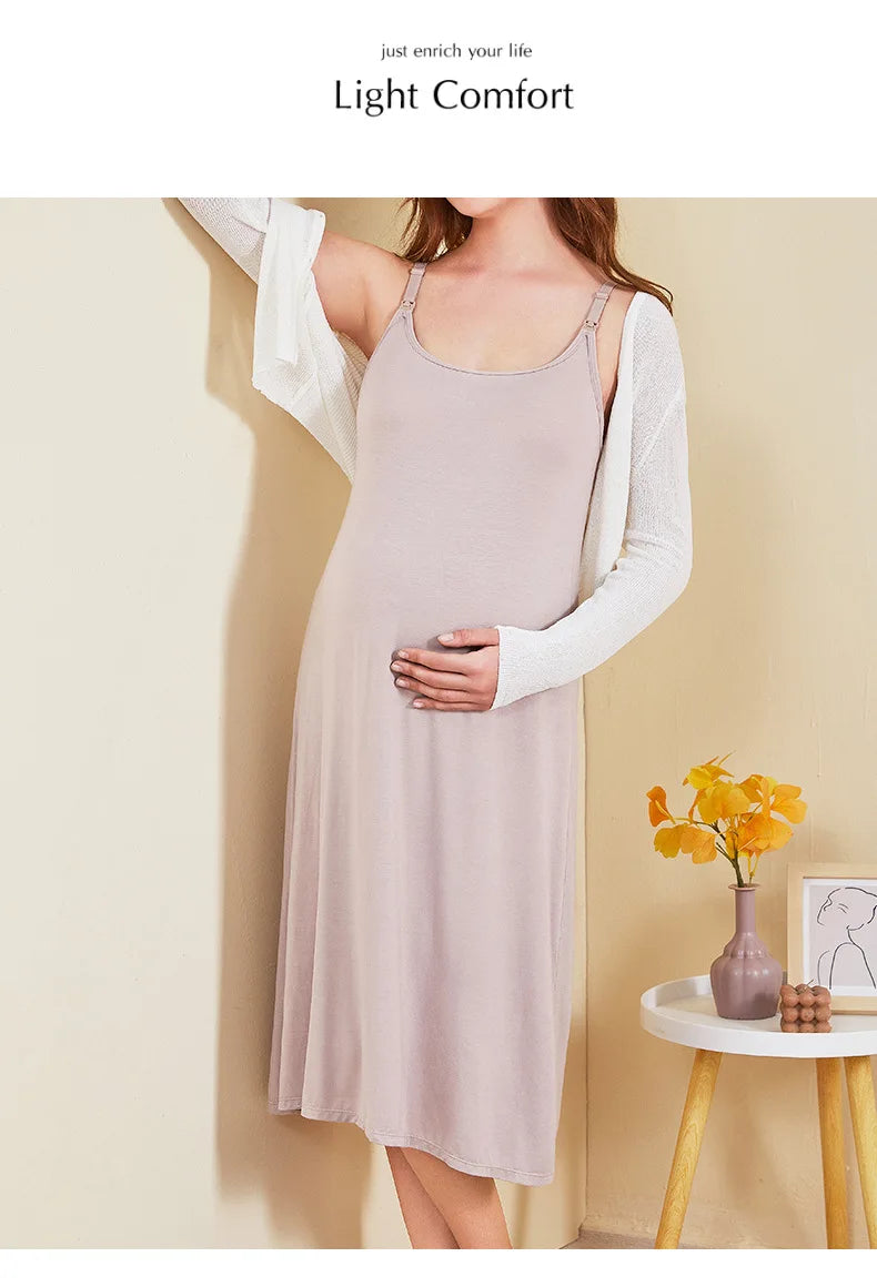 Women's Maternity Nursing Tank Dress with Built-in Bra Breastfeeding Long Sleeveless Nightdress for Pregnant Nursing Mothers