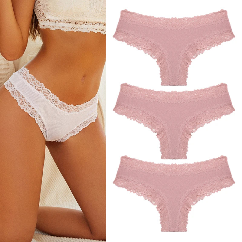 Women's Cotton Lace Briefs – 3-Piece Set | Soft Low-Rise Stretch Underwear (S–XL)