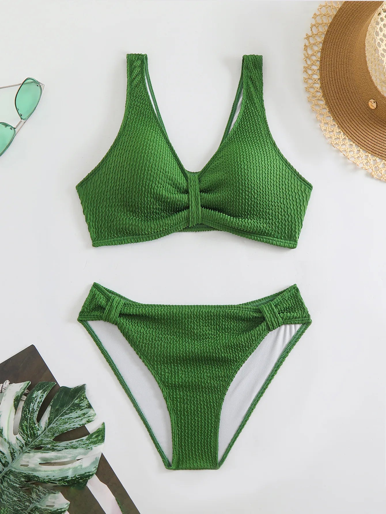 Solid Color High Waist Bikini Set — V-Neck Textured Top & Cheeky Bottoms | Women's Swimwear
