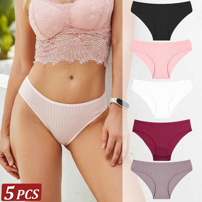 5-Pack Cotton Striped & Solid Brief Panties – Breathable Low-Rise Underwear for Women (M–XL, 12 Color Sets)