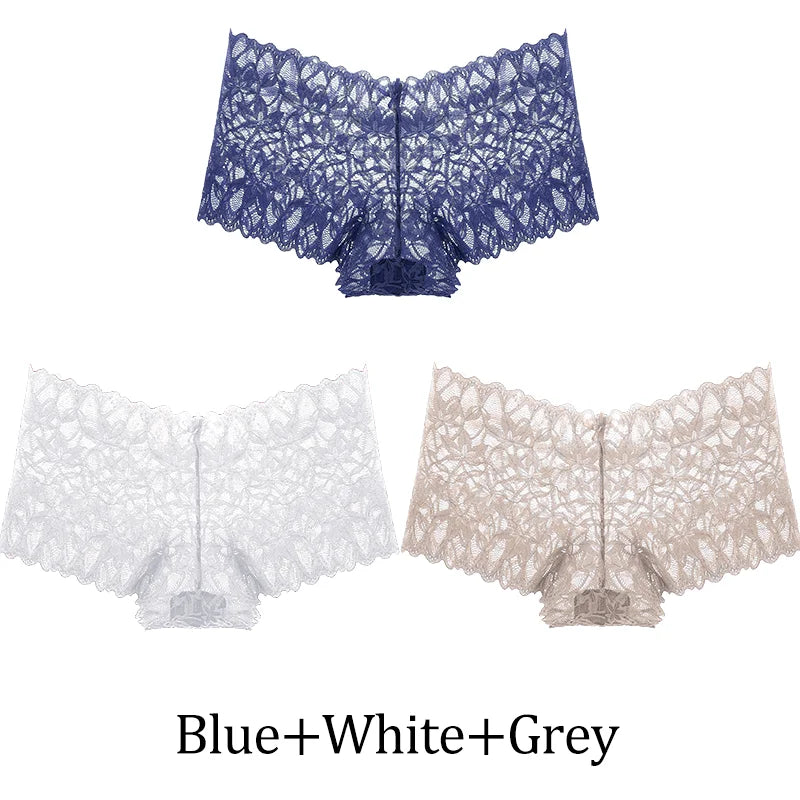 3-Pack Lace Boyshort Panties – Low-Rise Floral Underwear for Women (S–XL, 14 Color Sets)