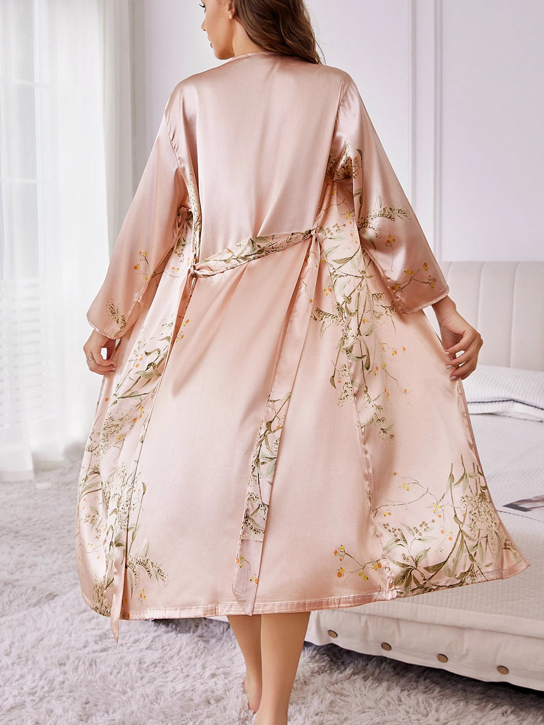Satin Floral Robe & Camisole Nightdress Set — Elegant 2-Piece Sleepwear