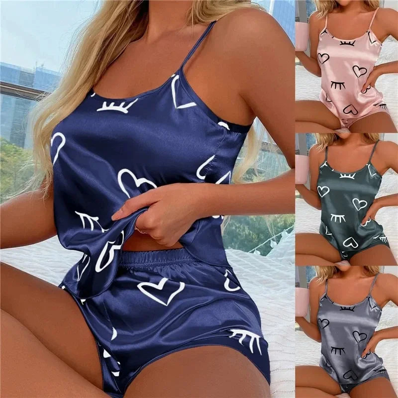 Printed Camisole Pajama Set – Spaghetti Strap Top & Shorts, Lightweight Cotton Sleepwear (S–2XL, 4 Colors)