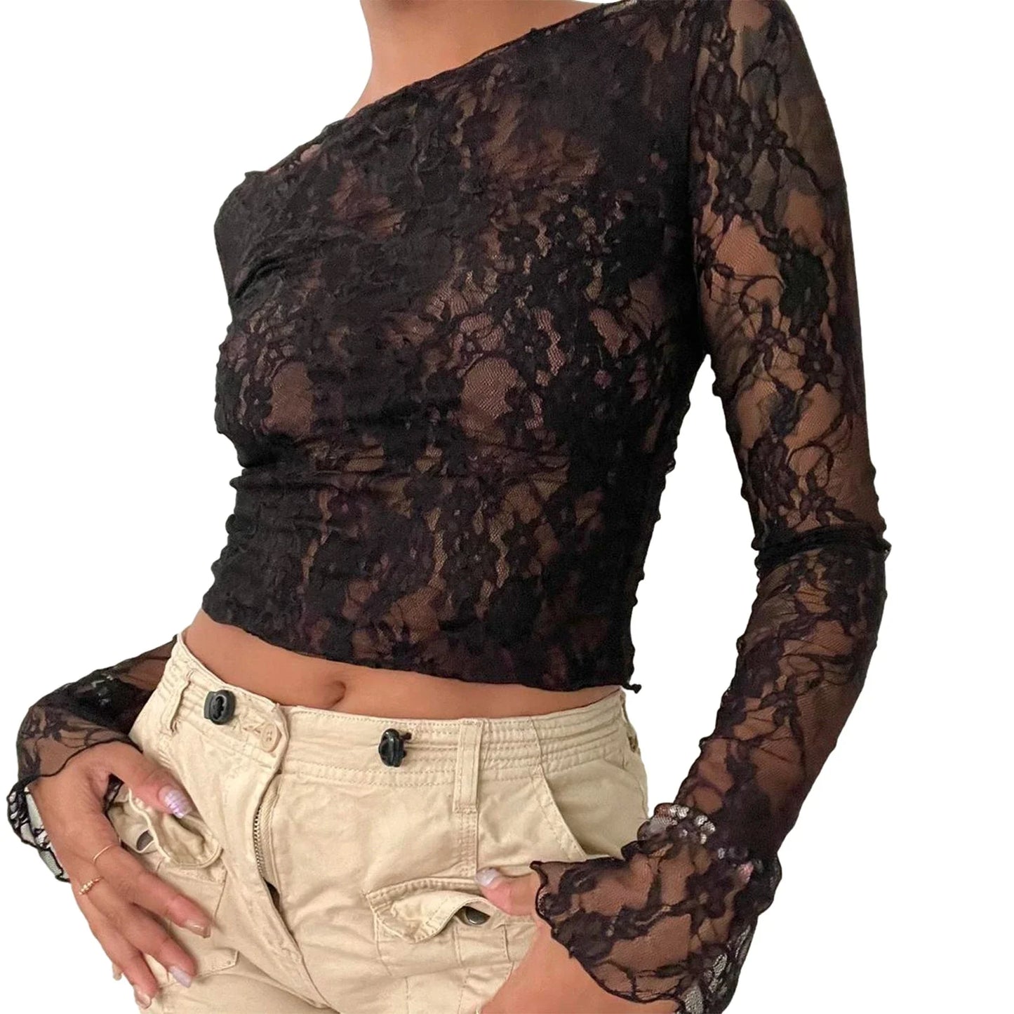 Sexy Women Lace Mesh Sheer Crop Tops Long Sleeve See Through T Shirt Going Out Tops Slim Fit Cover Up Blouse Top