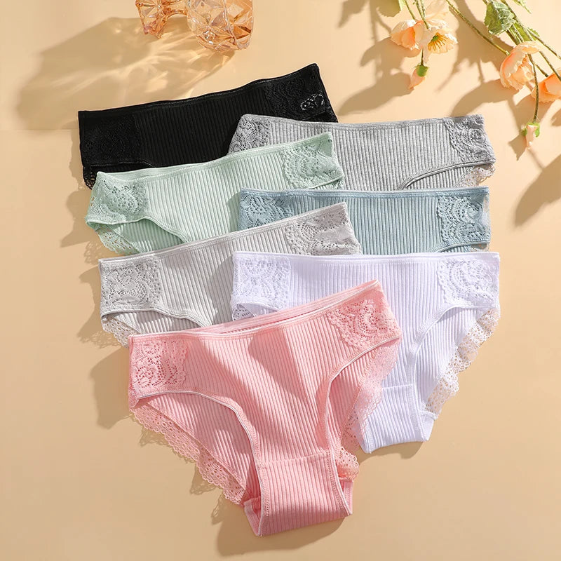 FINETOO 7PCS Cotton Underwear Women's Panties Set Comfort Underpants Floral Lace Briefs For Woman Sexy Low-Rise Pantys Intimates