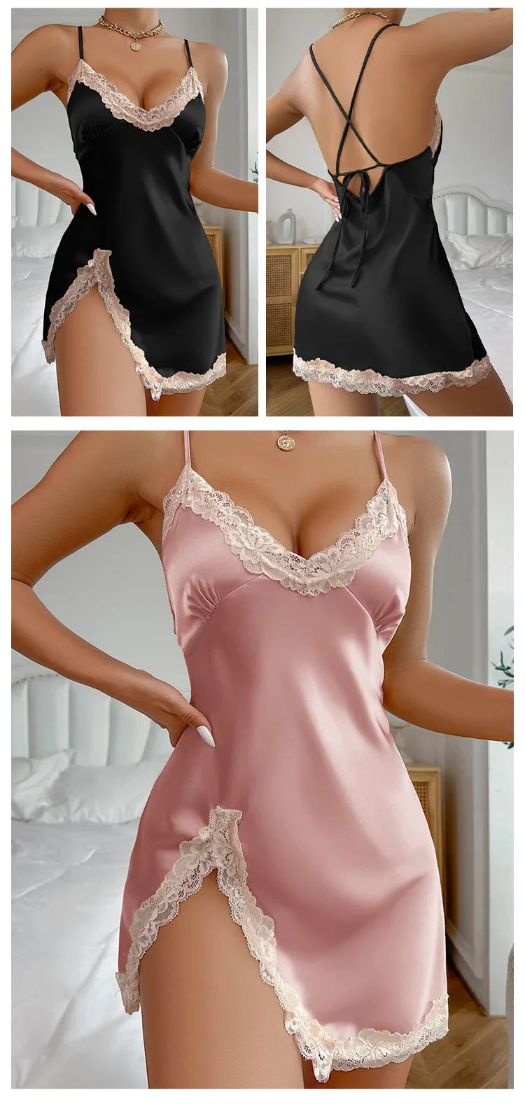 Lace-Trim Satin Slip Nightdress — Deep V Backless Mini Nightgown | Women's Sleepwear