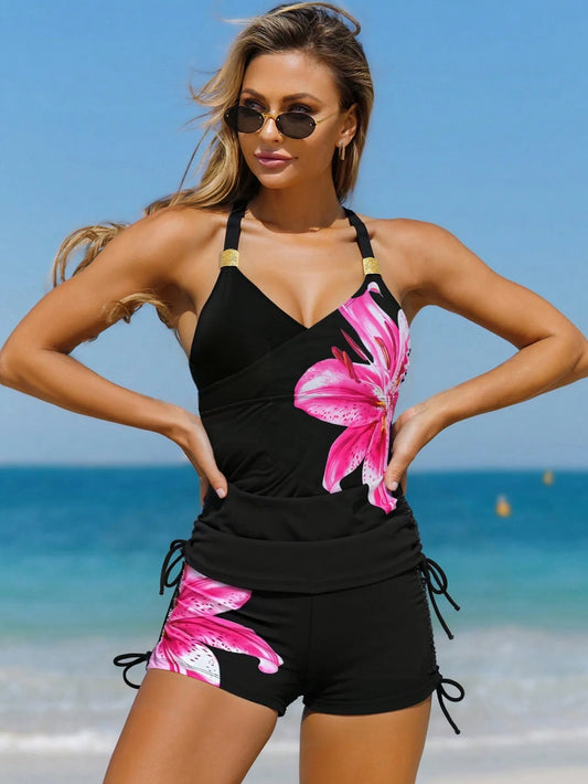 Floral Print Tankini Set — Drawstring Tank Top & High Waist Shorts | Women's Two-Piece Swimsuit
