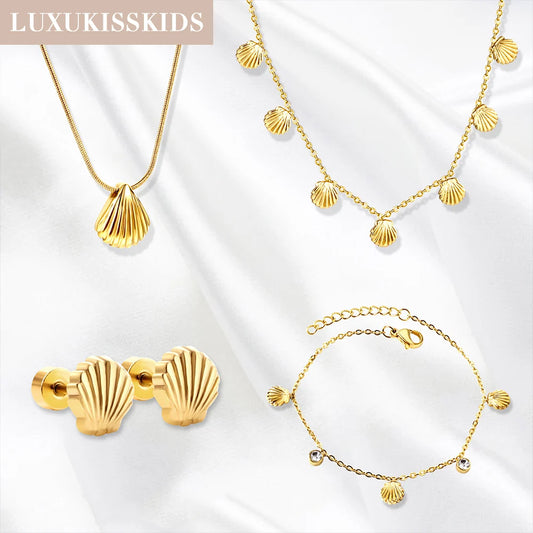 Shell Jewelry Set – 18K Gold-Plated Stainless Steel Necklace, Earrings & Bracelet for Women