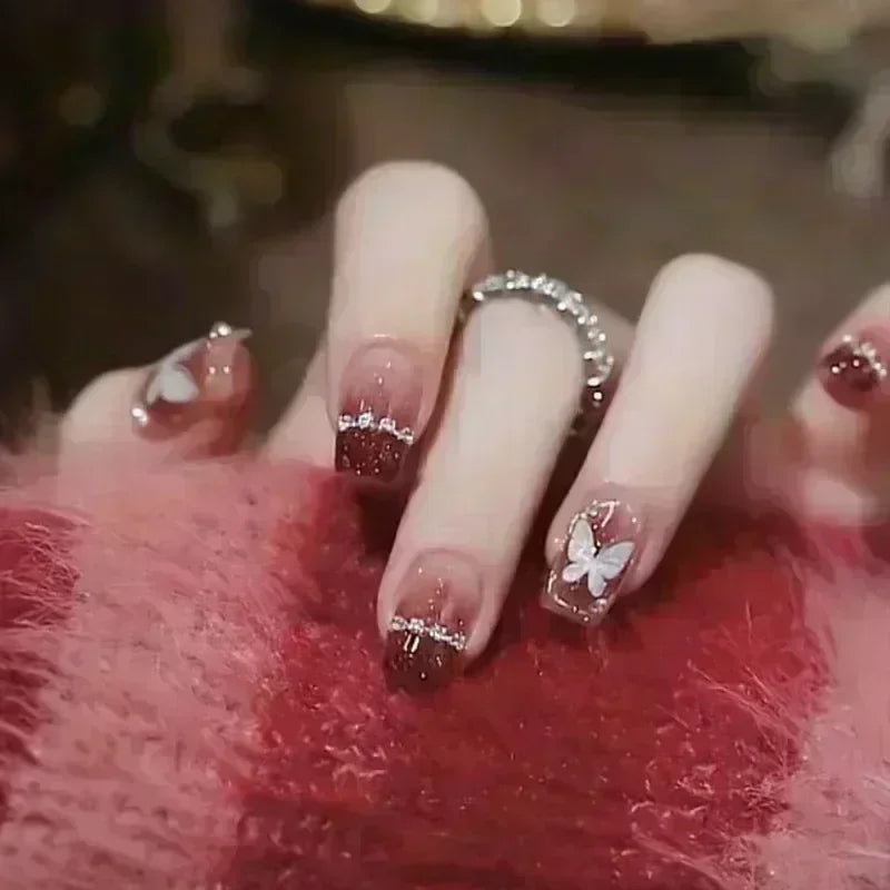 Short Press-On Nails - French Tip, Bow & Glitter Designs, 24 Pieces