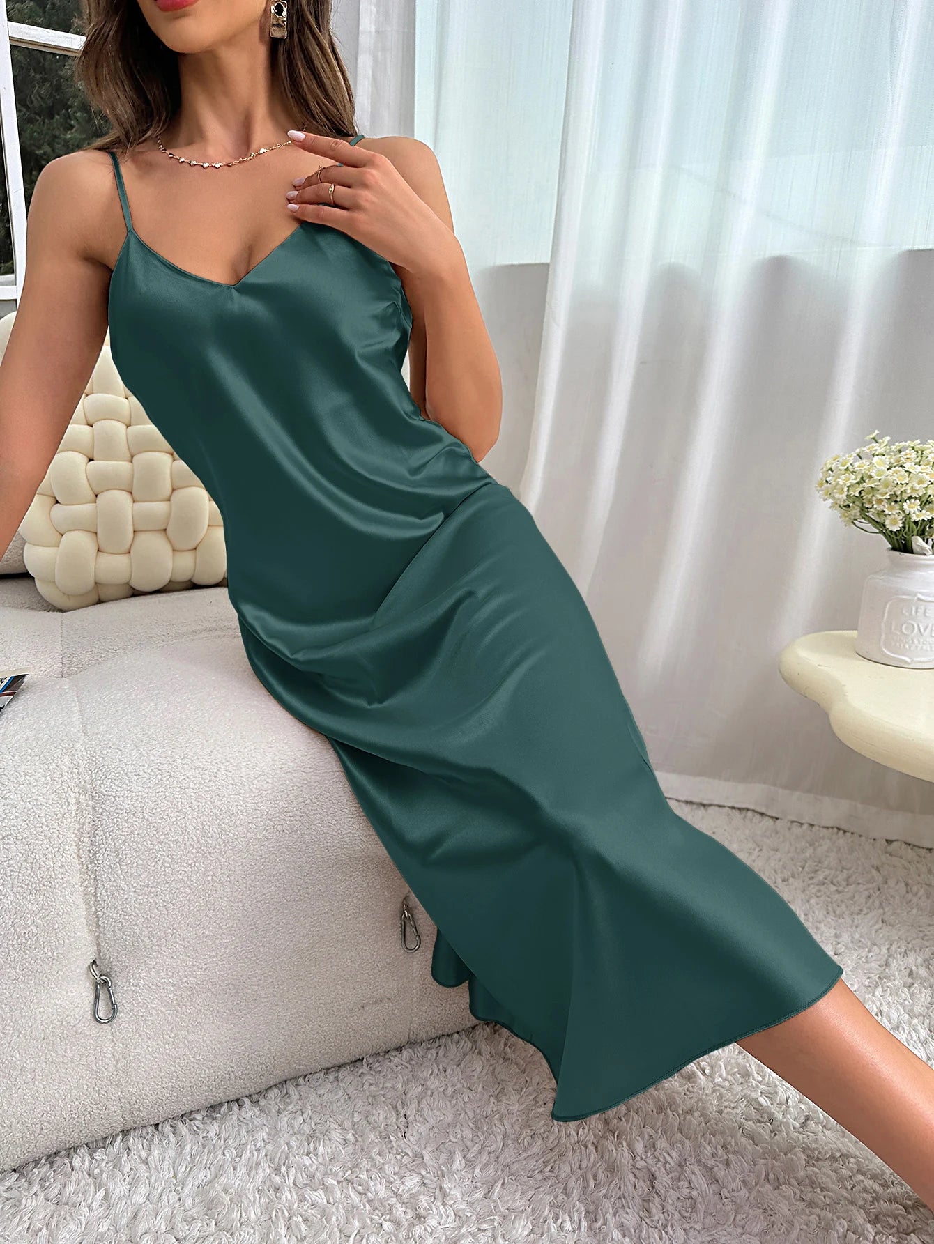 Spaghetti Strap V-Neck Nightdress — Mid-Calf Slip Nightgown | Women's Sleepwear