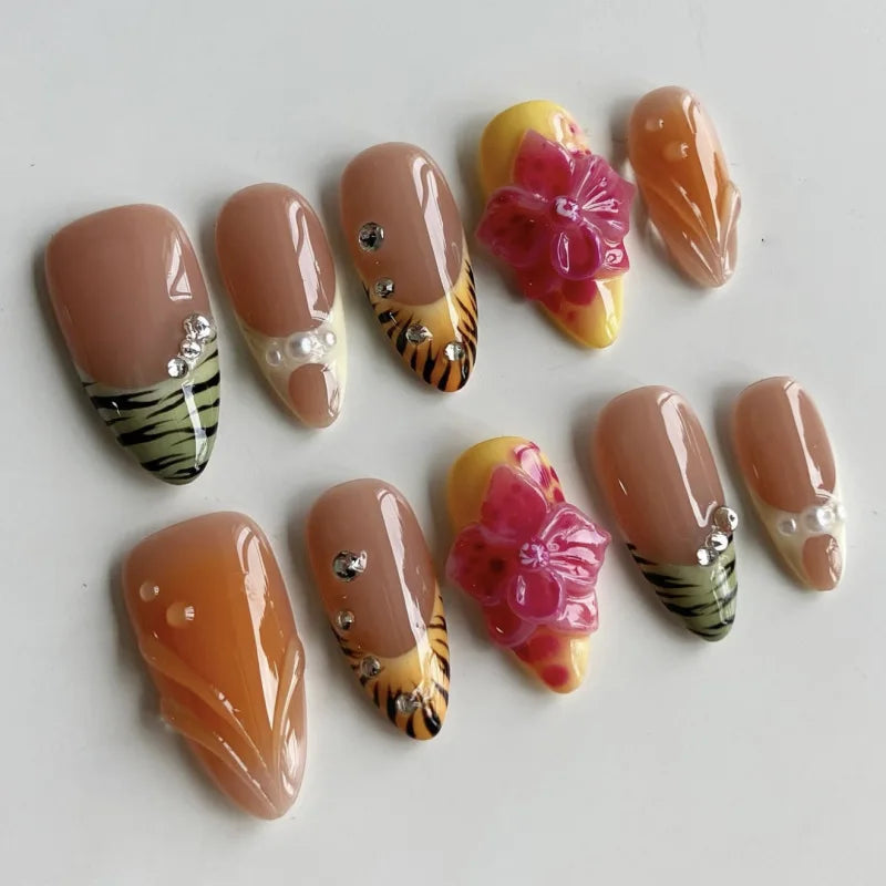 Pink Floral Press-On Nails – Almond Flower Designs, 24 Pieces