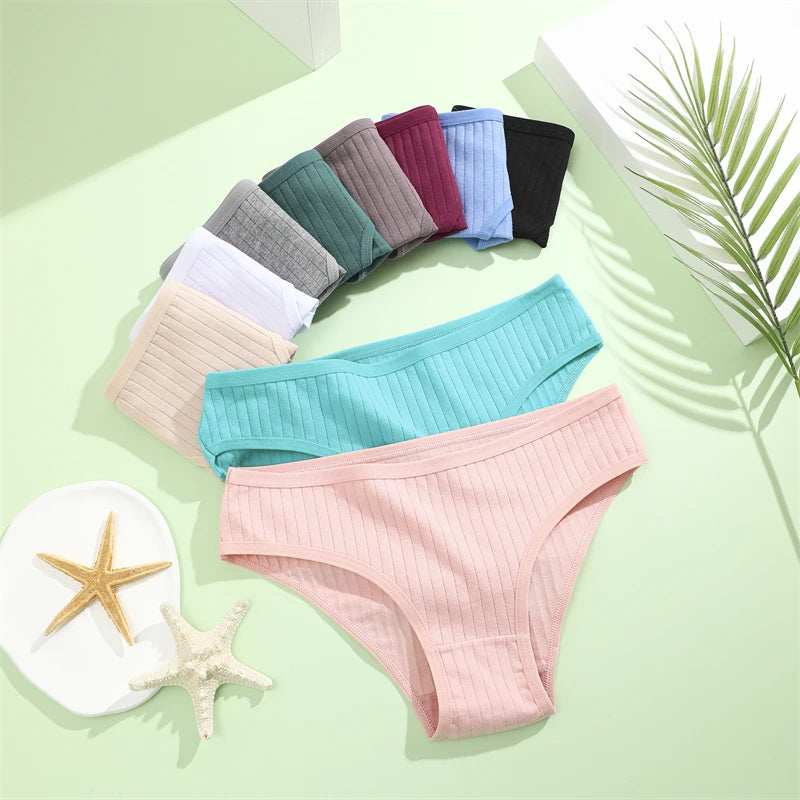 FINETOO 3PCS/SET Cotton Ribbed Striped Underwear for Women Plus Size 10 Soild Colours Stretch Briefs Ladies Soft Lingerie S-7XL