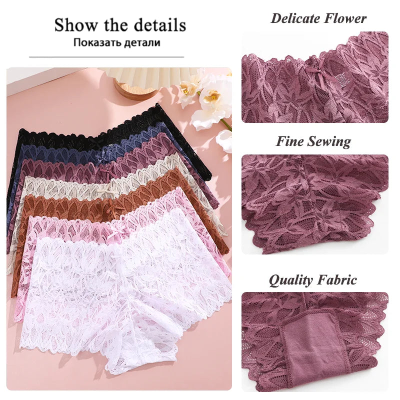 3-Pack Lace Boyshort Panties – Low-Rise Floral Underwear for Women (S–XL, 14 Color Sets)