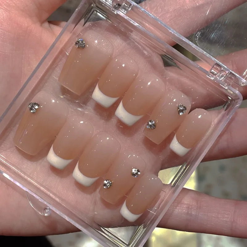 Handmade Coffin Press-On Nails with Glue - Nude French & Gradient, 10 Pieces