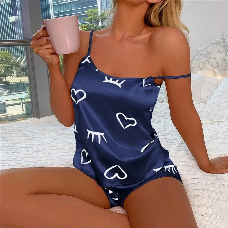 Printed Camisole Pajama Set – Spaghetti Strap Top & Shorts, Lightweight Cotton Sleepwear (S–2XL, 4 Colors)