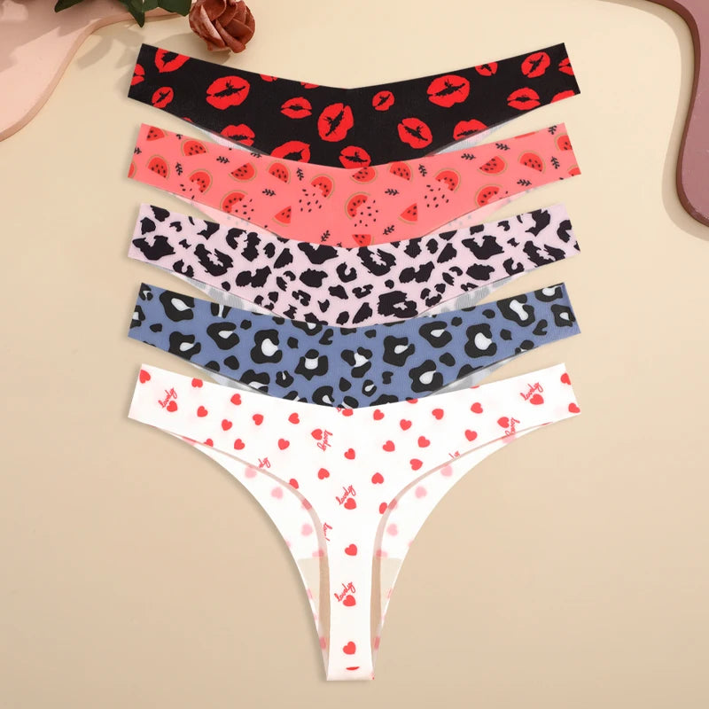 5-Pack Ice Silk Printed Thongs — Seamless Low-Rise G-String Panties