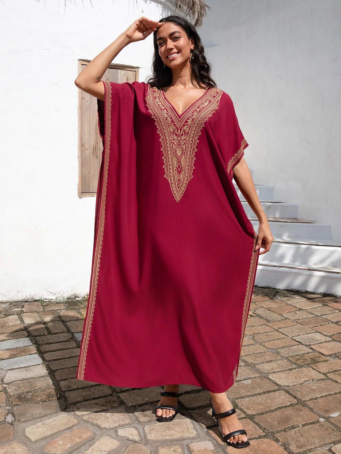 Embroidery Beach Cover-Up Kaftan — Loose V-Neck Long Robe | Women's Swimsuit Cover-Up