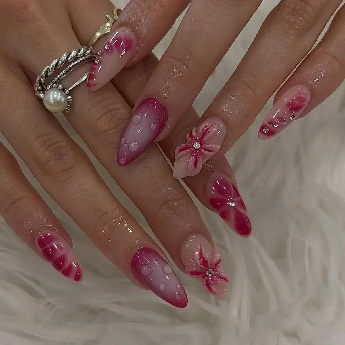 Almond Press-On Nails - 3D Floral, Butterfly & French Tip, 24 Pieces
