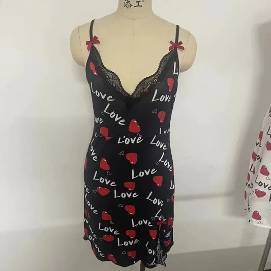 Lace-Edge V-Neck Sling Nightdress – Side-Split Cotton Sleepwear with Love Print (S–XL, 2 Colors)