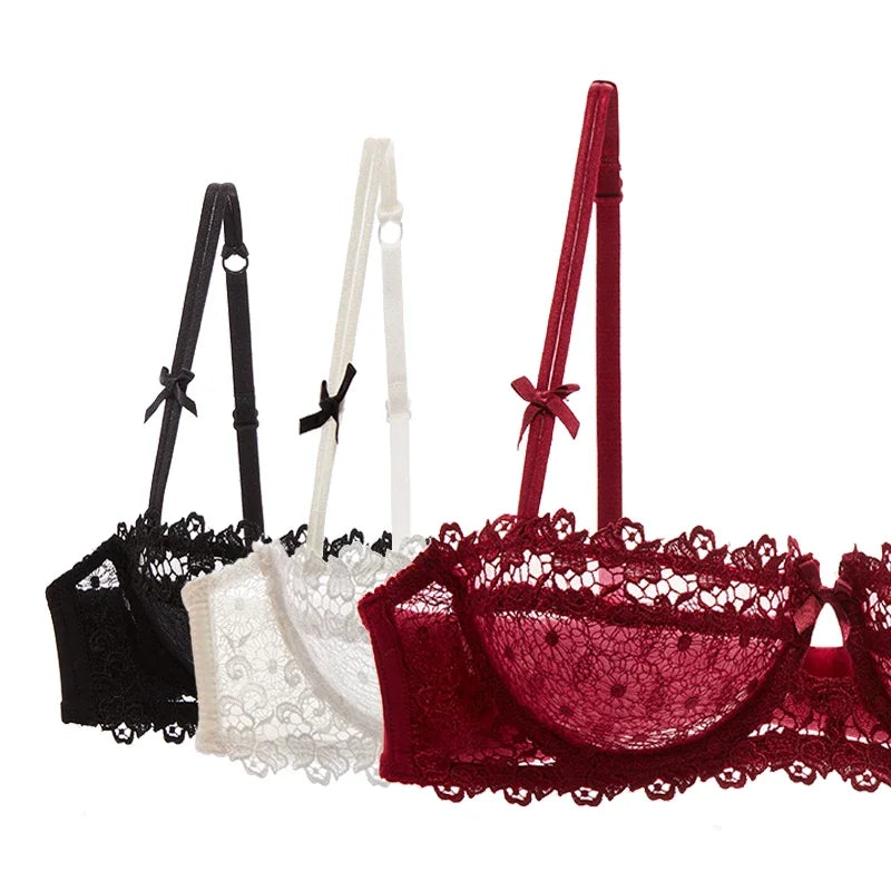 Women's Plus Size Sexy Half Cup Lace Bra | Sheer Mesh Unlined Bralette with Underwire | Natural Lift Lingerie for A-D Cup (70A–95D)