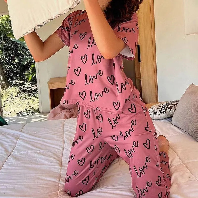 Letter Print Short-Sleeve Pajama Set – T-Shirt & Full-Length Pants, Casual Homewear (S–2XL, 5 Colors)