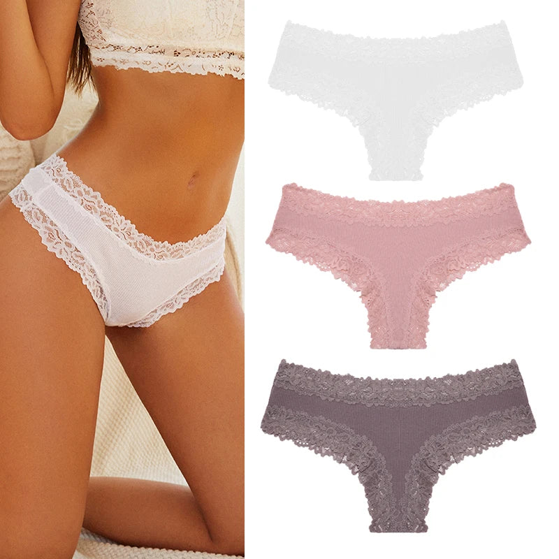Women's Cotton Lace Briefs – 3-Piece Set | Soft Low-Rise Stretch Underwear (S–XL)