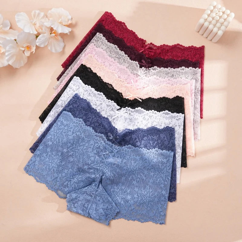4-Pack Hollow Lace Boyshort Panties – Low-Rise Breathable Underwear for Women (S–2XL, 13 Color Sets)