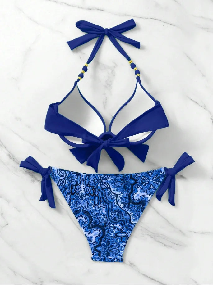 Push-Up Halter Bikini Set — Bow-Tie Top & Printed Side-Tie Bottoms | Women's Swimwear