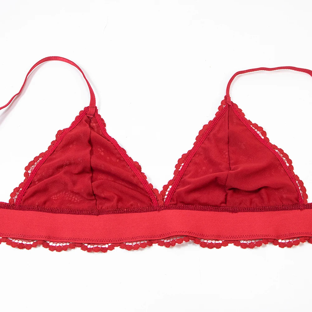 Floral Lace Bralette Lingerie Set — Wire-Free Bra, Thong, Garter Belt & Stockings | Women's Lingerie