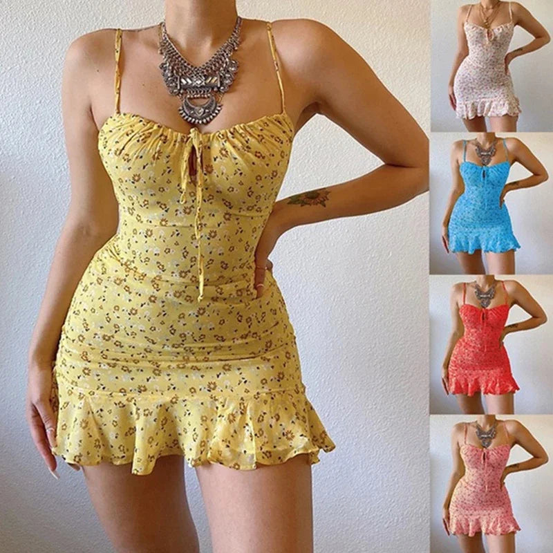 Floral Print Spaghetti Strap Mini Camisole Dress – Fit & Flare, Zipper | Women's Summer Beach Dress S–5XL