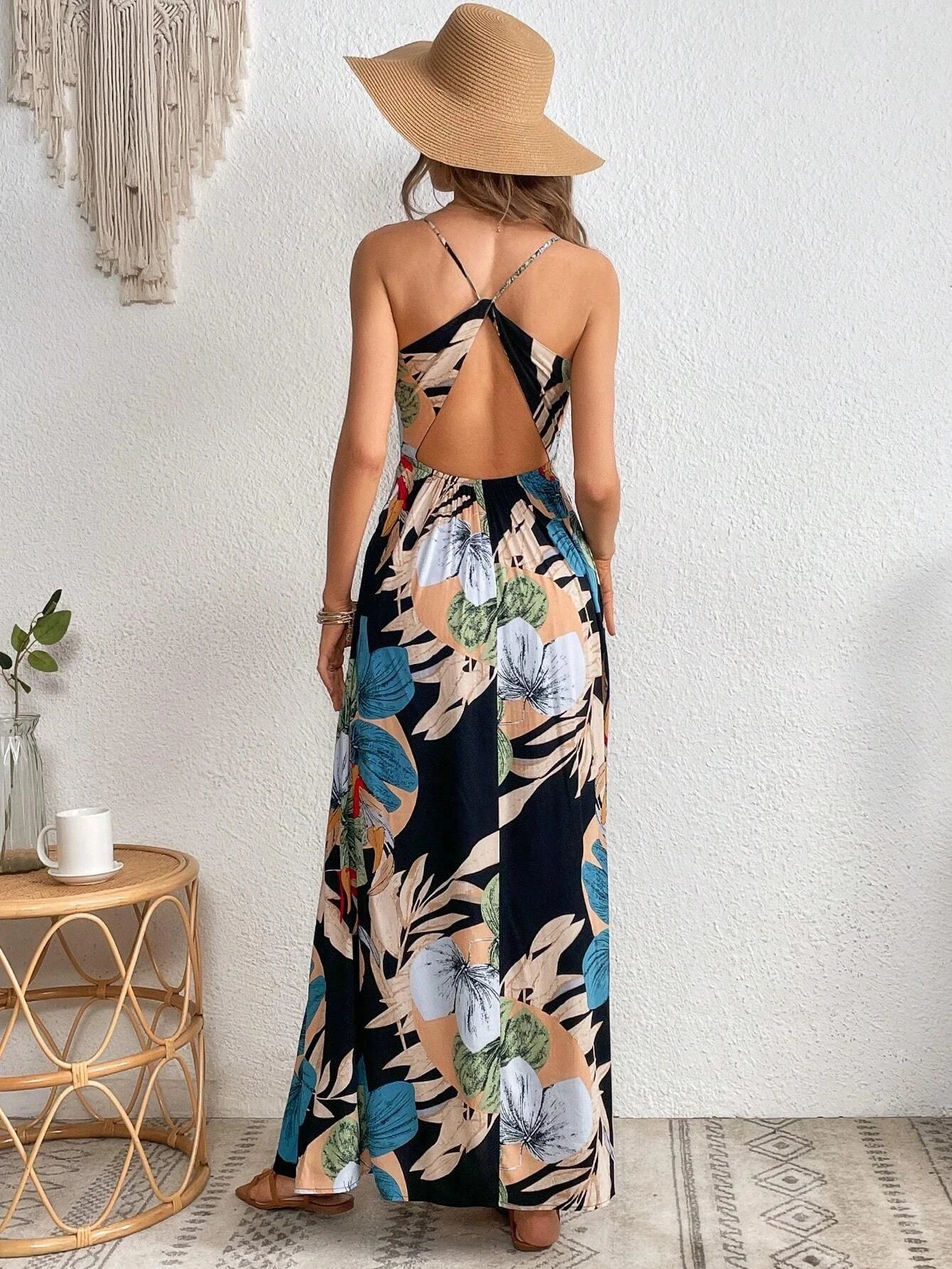Tropical Print Thigh-High Slit Backless Spaghetti Strap Dress 1056
