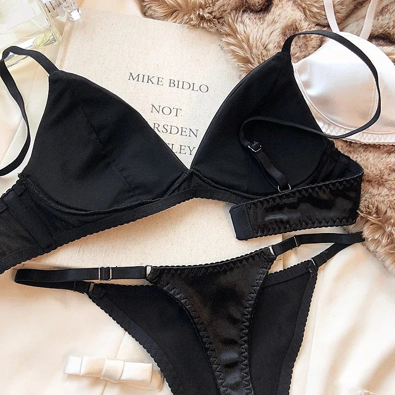Women's Silken Triangle Bra & Thong Set – Wire-Free French Bralette Lingerie (S–XL)