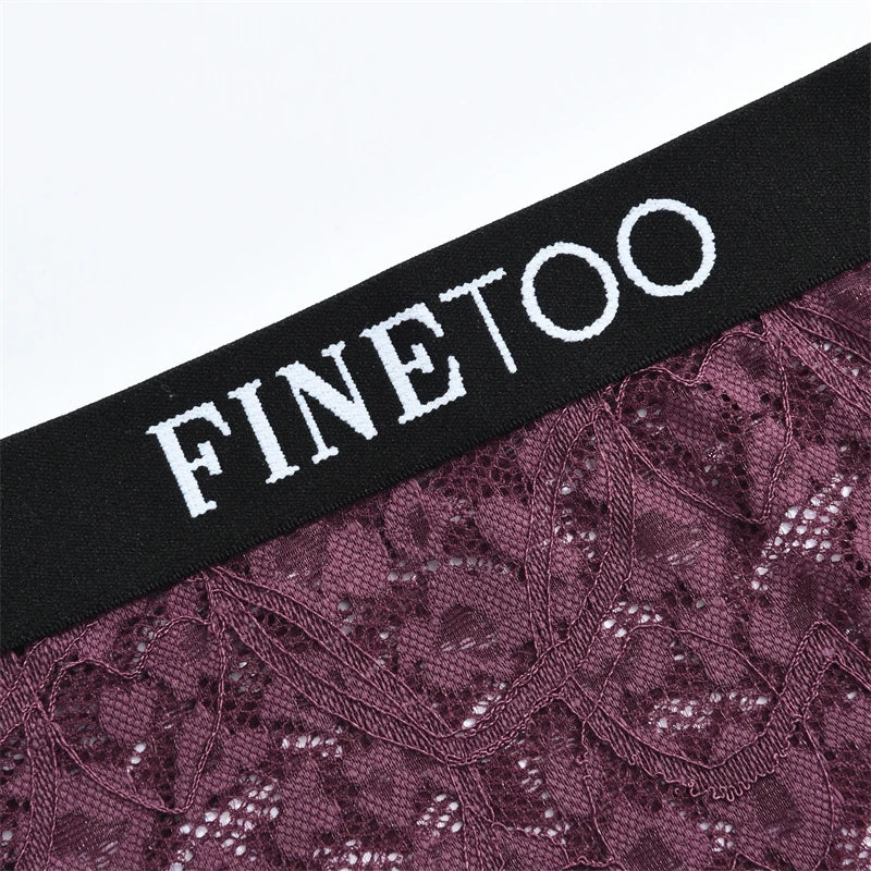 FINETOO 3Pcs Lace Hollow Out Boyshorts Underwear Women's Elastic Belt Panties Sexy Transparent Floral Briefs Breathable Lingerie