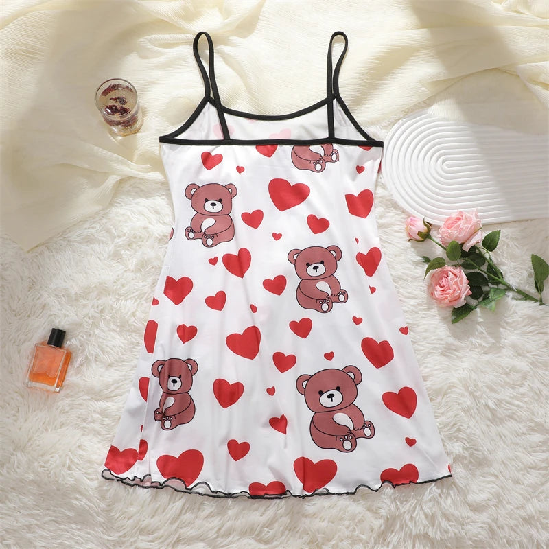Butterfly Print Satin Sleep Dress — Spaghetti Strap Mini Nightgown