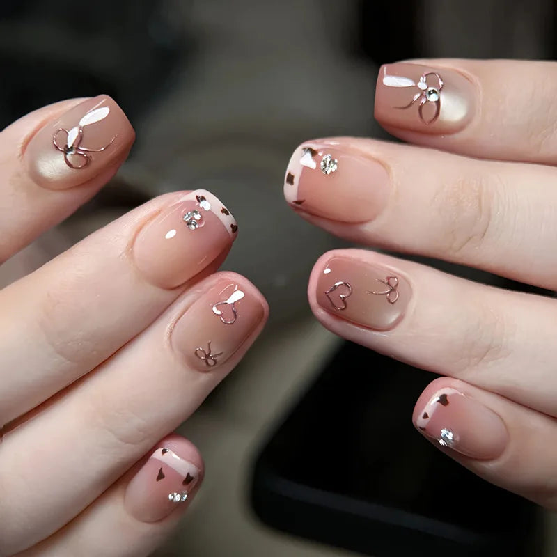 Short Press-On Nails - French Tip, Bow & Glitter Designs, 24 Pieces