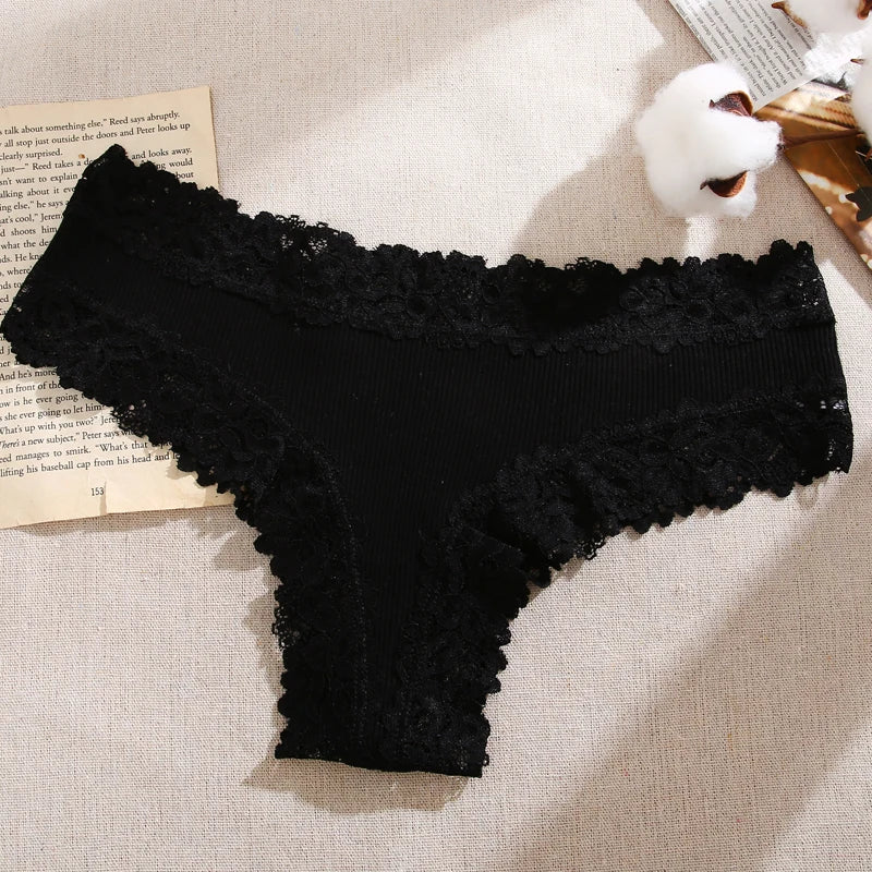 Lace Splicing Brazilian Bikini Panties – Cotton Crotch Low-Rise Underwear for Women (S–XL, 6 Colors)