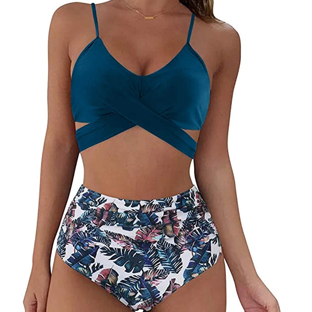High Waist Bikini Set — Cross Front Top & Ruched Bottoms | Women's Swimwear