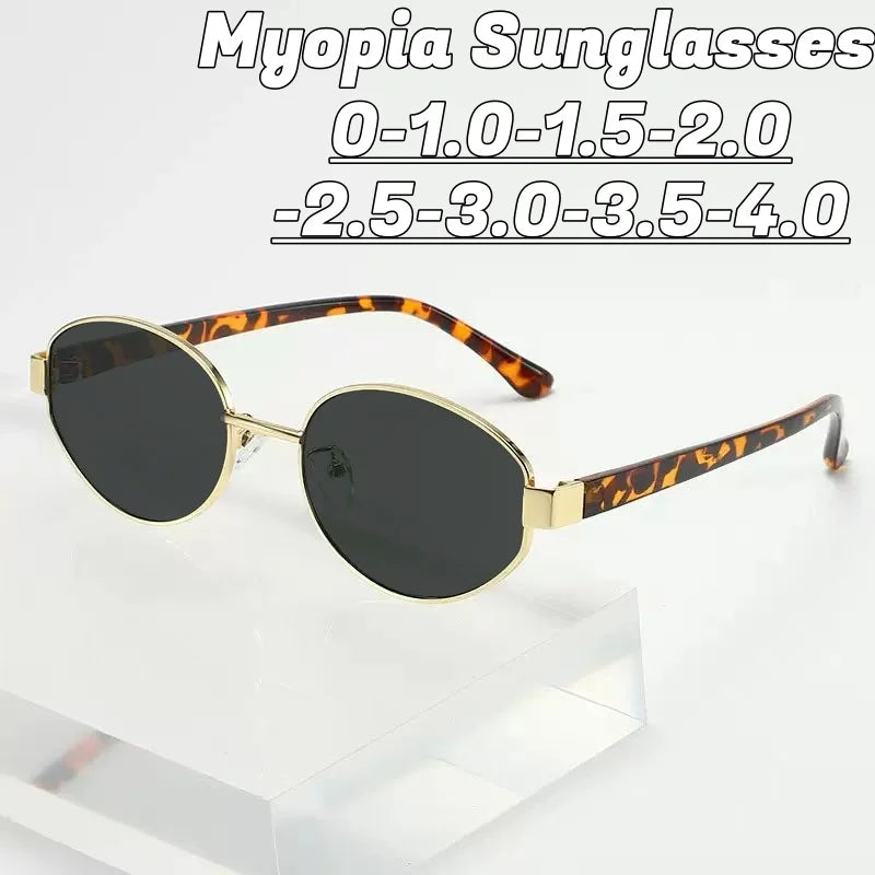Oval Metal Myopia Sunglasses | Gold Black & Leopard