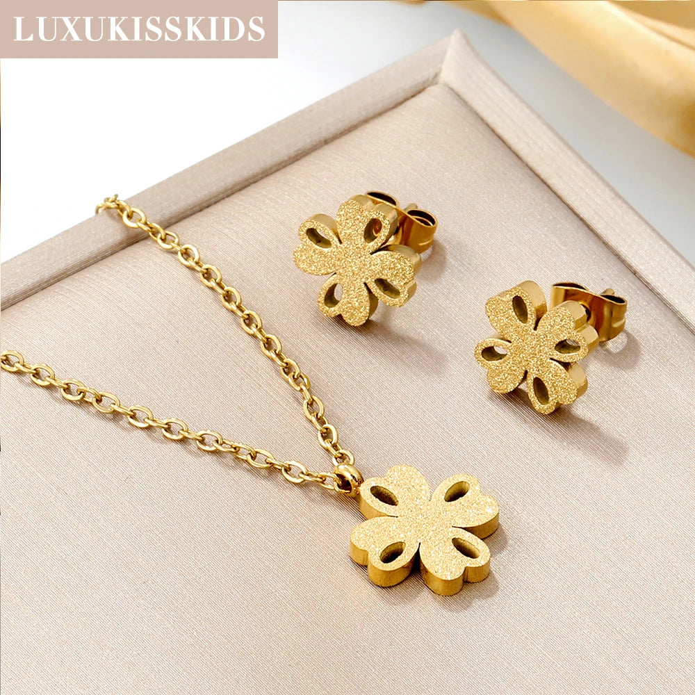 LUXUKISSKIDS Fashion Water Drop Choker Necklace Earrings Sets Stainless Steel Woman/Girls Luxury Jewelry Set Wedding Accessories
