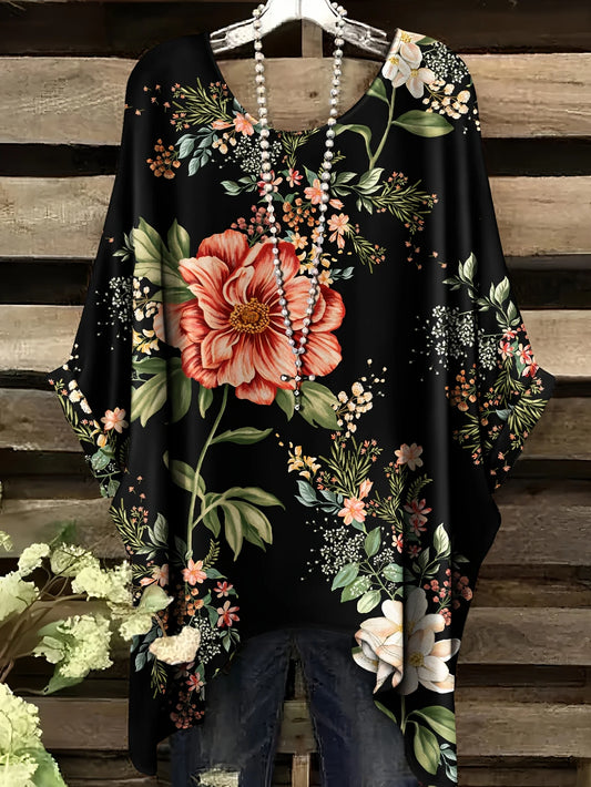 Plus Size Floral Print Curved Hem T-Shirt – Short Sleeve Round Neck