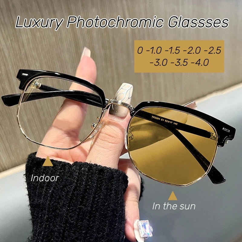 Square Metal Photochromic Glasses | Myopia Lens Options