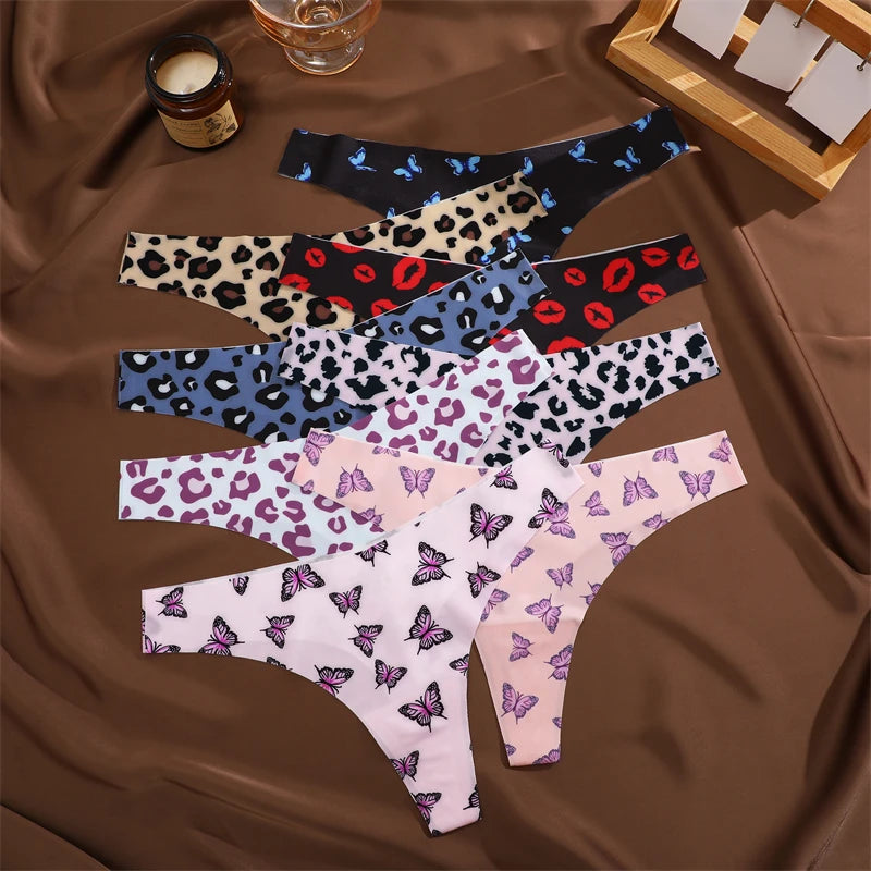 5-Pack Ice Silk Printed Thongs — Seamless Low-Rise G-String Panties