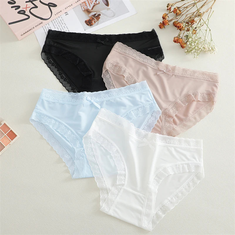 4Pcs Ice Silk Lace Panties Seamless Soild Underwear For Women Sexy Ultra-thin Breathable Briefs Girls Soft Transparent Lingerie